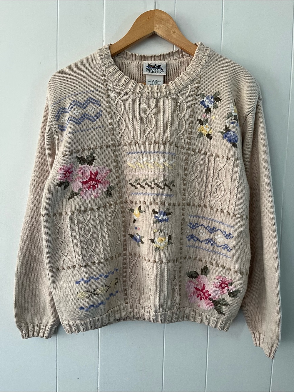 Vintage Northern Reflections Knit Sweater Storybook Cable Flowers Tan Grid Cute
